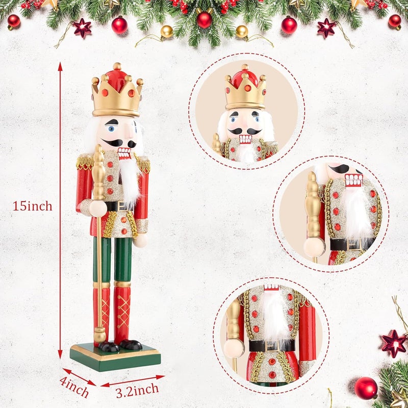 Ovewios Nutcracker Christmas Decor, 15 Inch Wooden Soldier Figurines, Festive Christmas Nutcrackers Gifts Winter Indoor Table Desktop Fireplace Decorations - Image 1